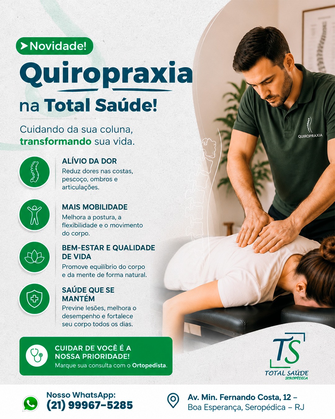 A Quiropraxia é uma área da saúde focada na avaliação, prevenção e tratamento de alterações que afetam a coluna vertebral, articulações, músculos e sistema neuromusculoesquelético.